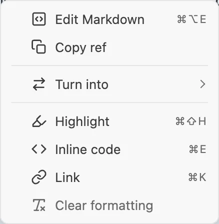 Sheaf's right-click menu on a paragraph, each command with its icon and its keyboard shortcut, Copy ref among them.